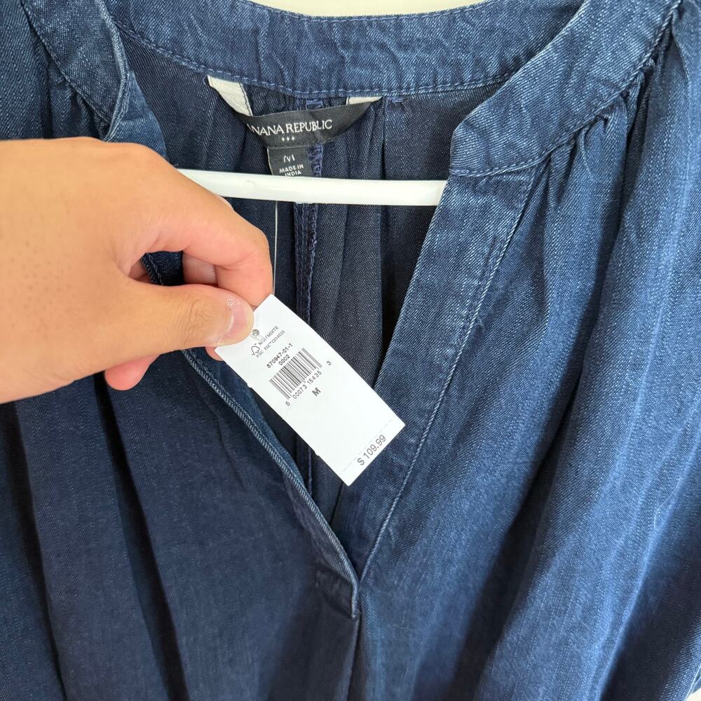 New With Tags Denim Dark Wash Chambray Banana Republic Belted Midi Dress- Medium - Picture 4 of 10